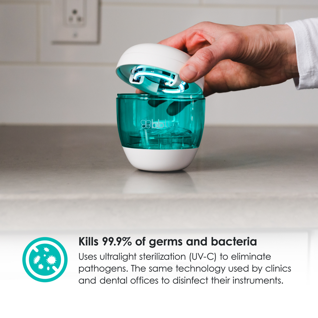 The BBLuv Uvi steralizer kilss 99.9% of germs and bacteria. It uses ultralight steralization (UV-C) to eliminate pathogens. The same technology used by clinics and dental offices to disinfect their instruments.
