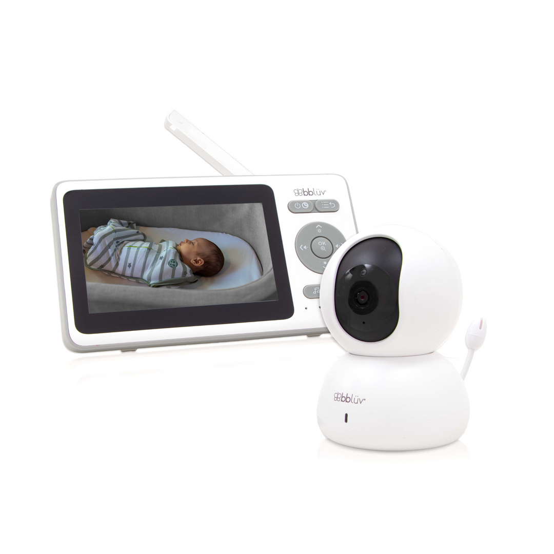 The BBLuv Cam monitor alongside the compact screen monitor showing a baby sleeping soundly in their moses basket