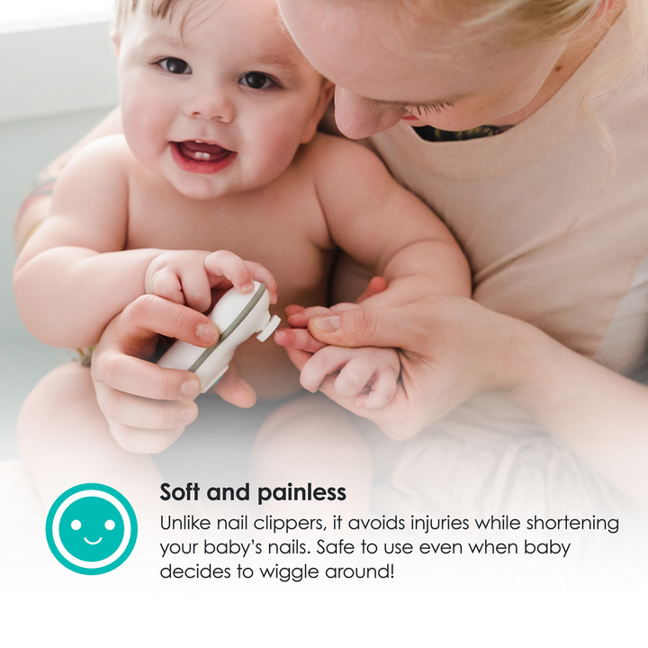 The BBLuv Trimo electric nail trimmer is soft and painless. Unlike nail clippers, it avoids injuries while shortening your baby's nails. Safe to use even when baby decides to wriggle around!