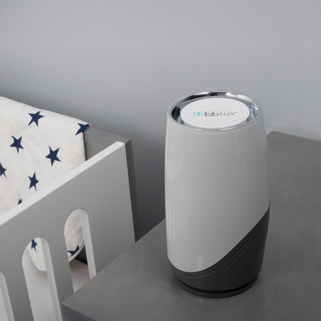 BBLuv Pure 3-in-1 air purifier with HEPA filter displayed on bedside table