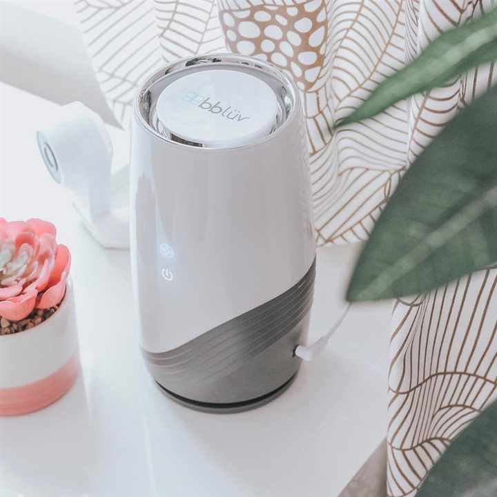 BBLuv Pure 3-in-1 air purifier with HEPA filter displayed on a bedside table