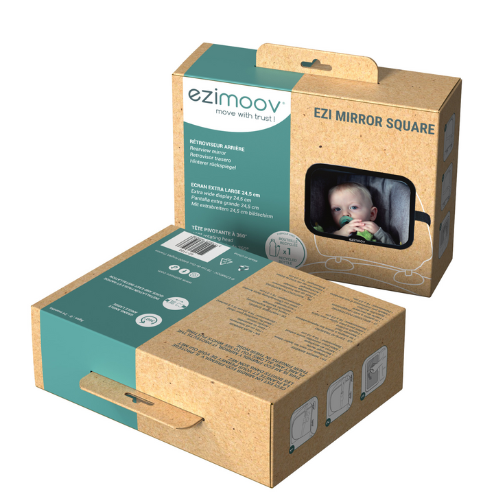 This is an image of the packaging for the Ezimoov square rear car seat mirror.