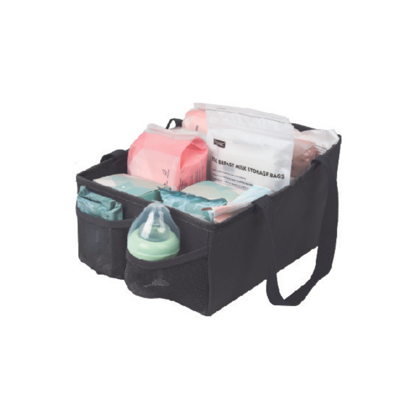 This image shows the organiser box filled with breast milk bags, wipes, nappies and bottles.