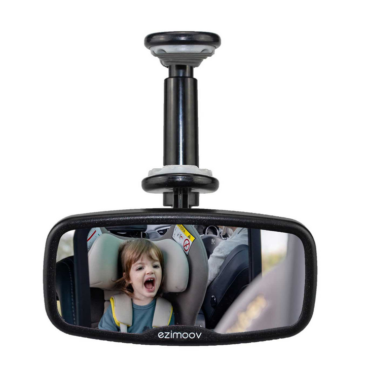 This is a product shot showing the Ezimoov clip-on rear view mirror with a child in the mirror.