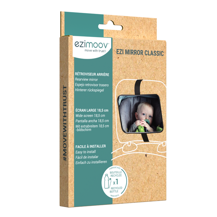 This is an image of the cardboard box recyclable packaging of the Ezimoov Rear Facing Car Seat mirrors.