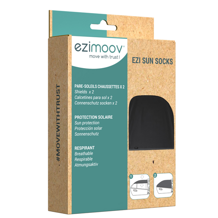 This image is a product shot of the packaging for the Ezimoov Sun Socks