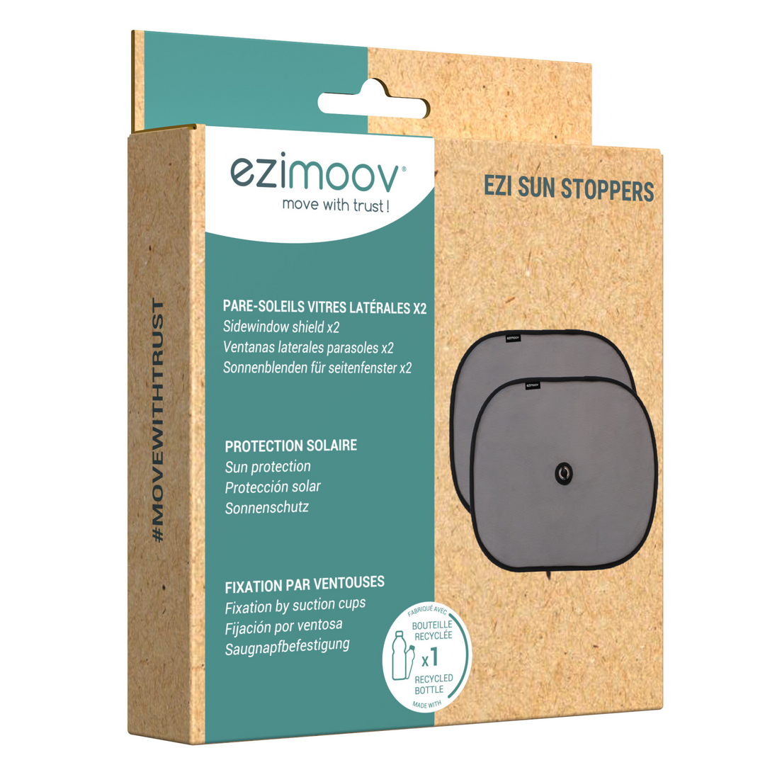 This image shows the Ezimoov sun stoppers fully recyclable packaging.