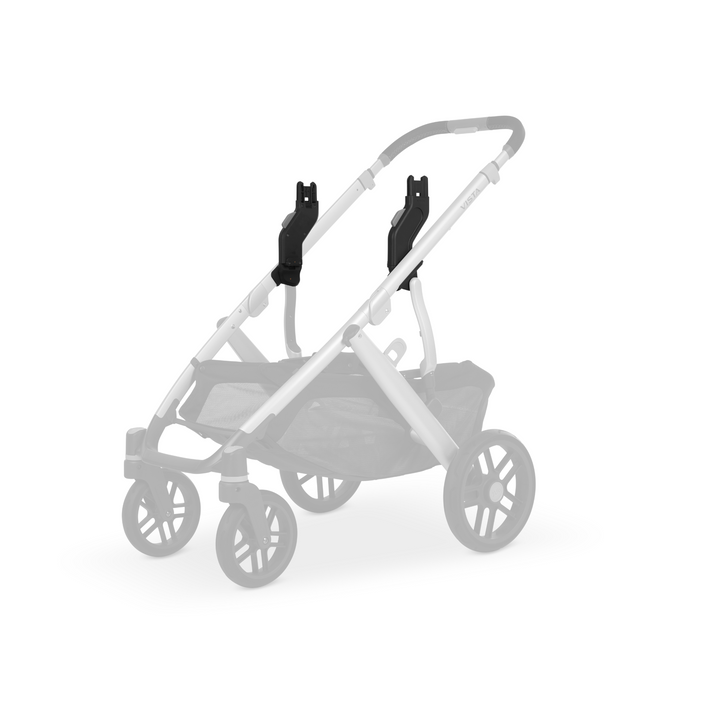 This is a product shot of the frame of the Vista V2 stroller with the upper adapters highlighted as to where they are positioned on the stroller frame