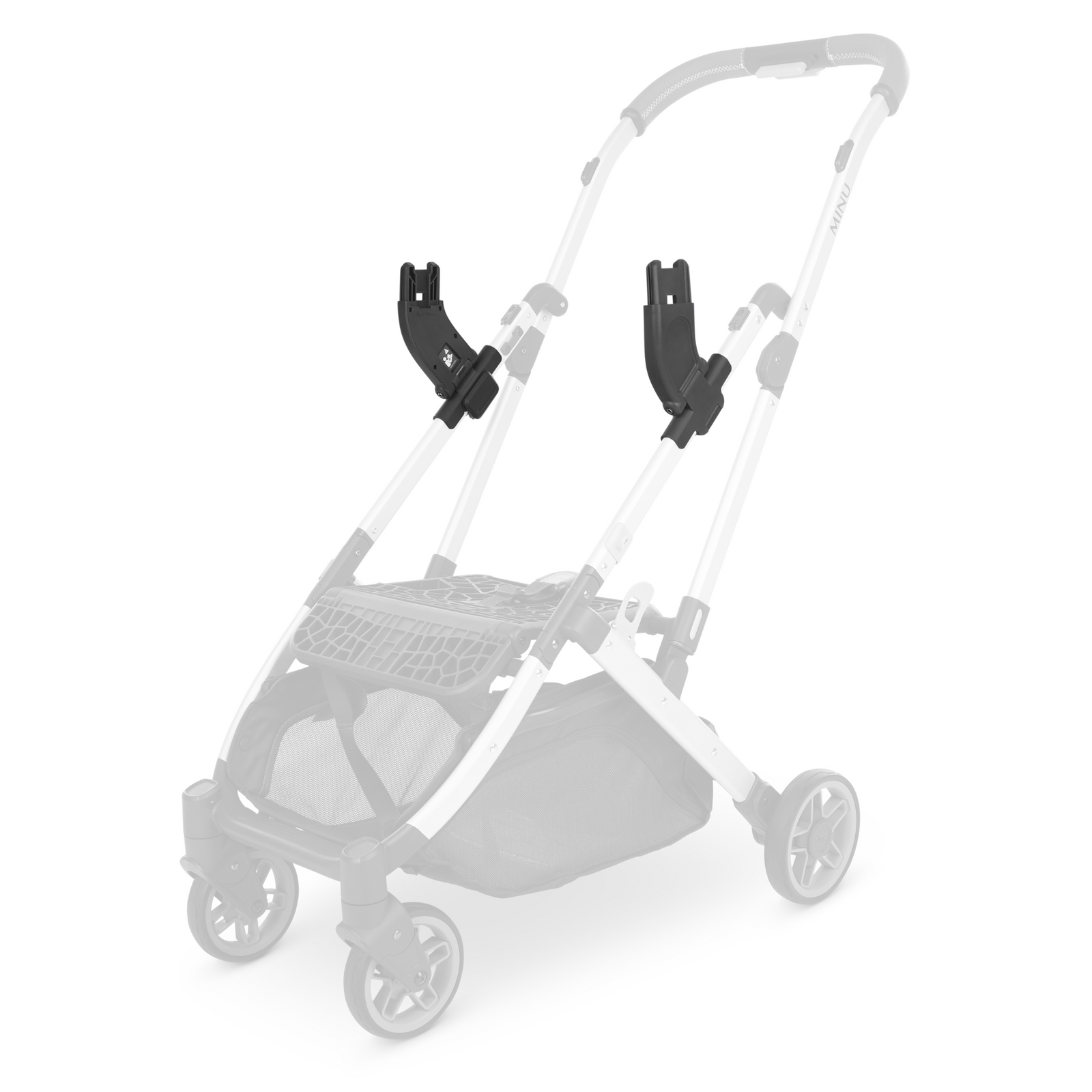 This product image highlights the Minu V2 adapters for the Mesa i-Size infant car seat and the UPPAbaby Carrycot accessory on the Minu V2 stroller frame