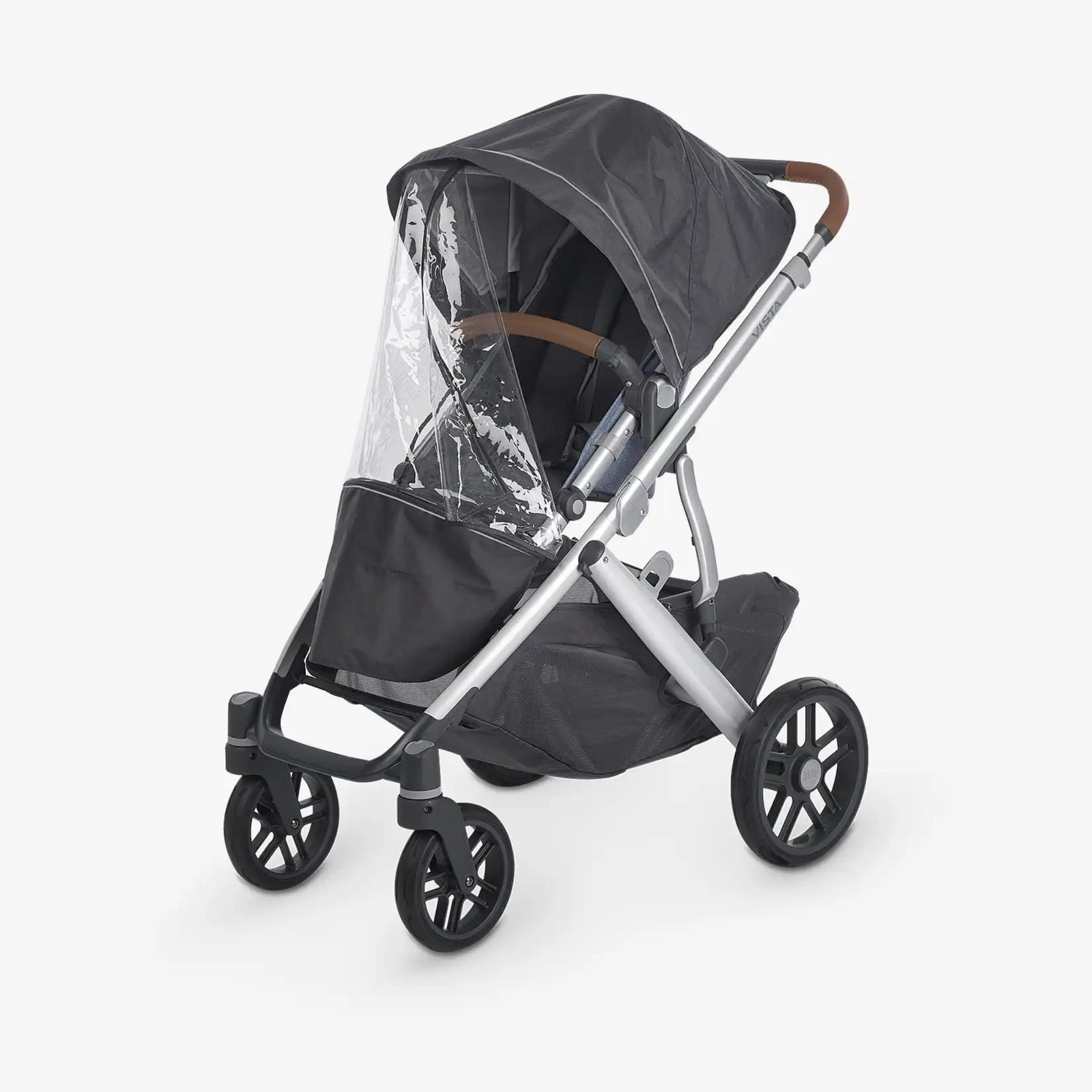 The performance rain shield from UPPAbaby is on the Vista stroller. This image showcases the zipper function and the reflective detailing above and below the clear panel.