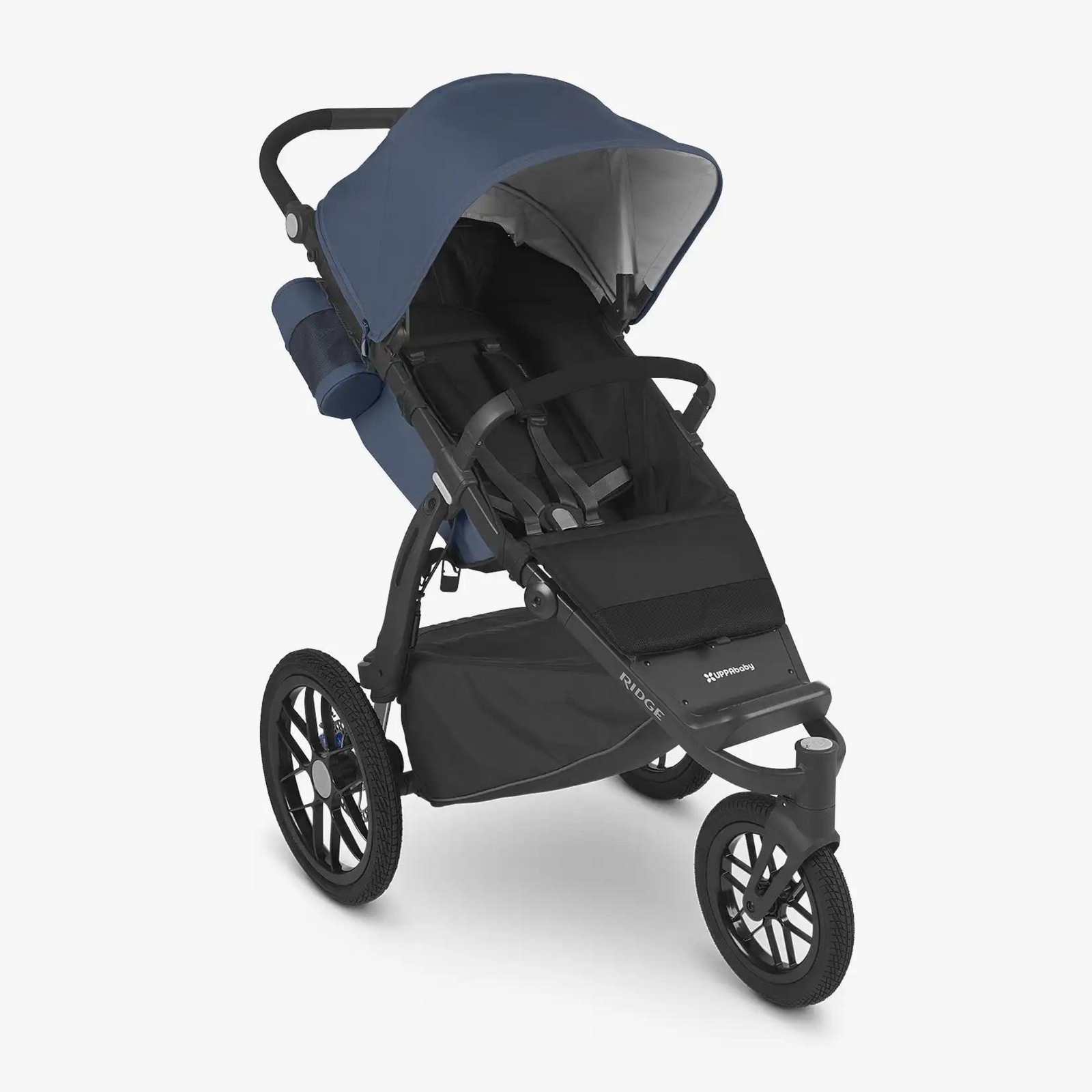 This is a product shot of the UPPAbaby Ridge 3 wheel stroller in the navy Reggie fashion with the bumper bar attached