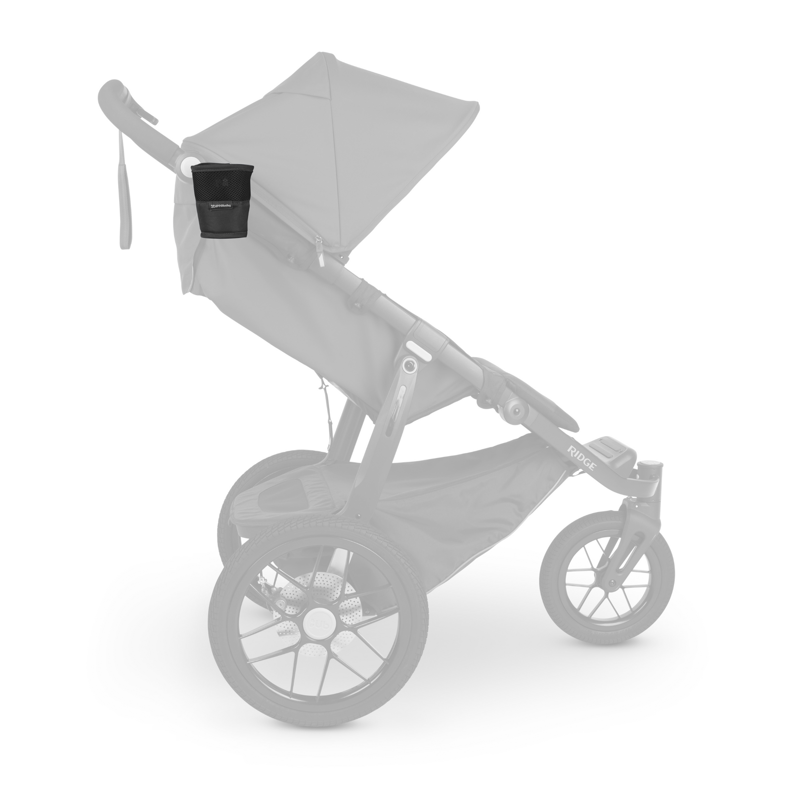 This is a product shot of the collapsible cup holder attached to the Ridge stroller