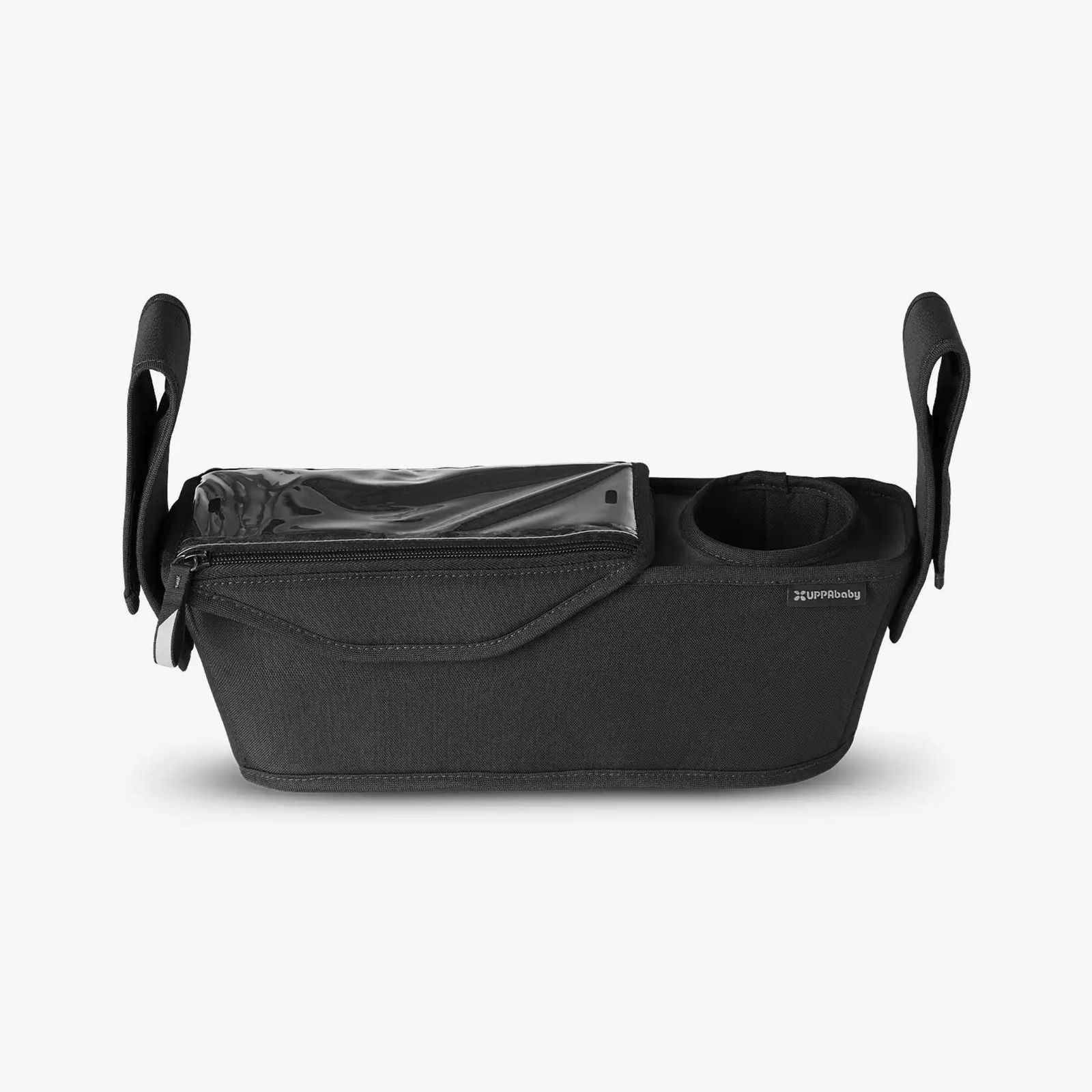 This is a product shot of the UPPAbaby Ridge parent console, showcasing the waterproof phone pocket, covered storage and an insulated cup holder