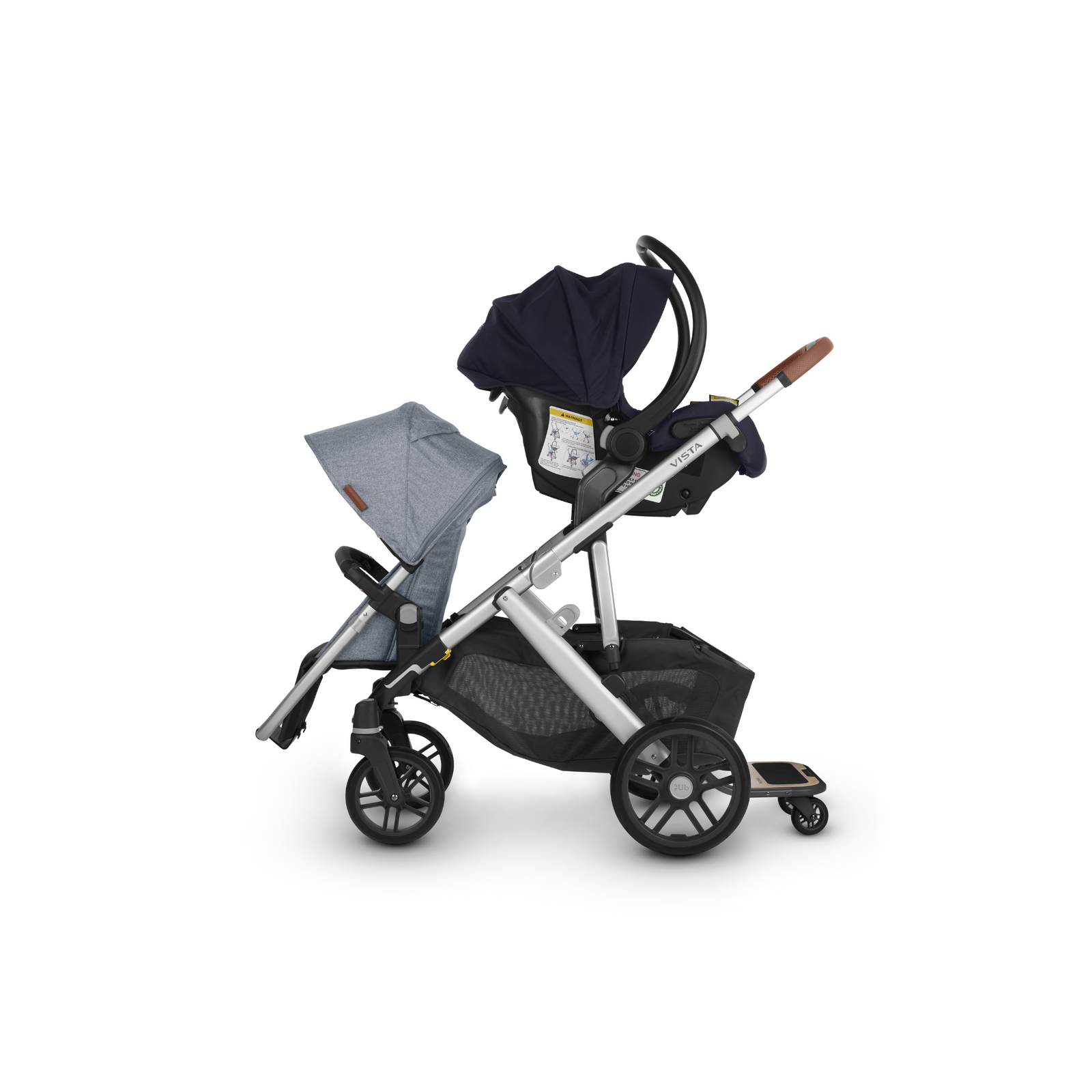 This is a product shot of the adapters in use on a Vista stroller that is adapted to hold up to three children